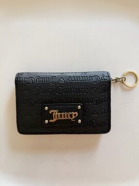 Juicy Couture Black Embossed Zip Keyring Wallet with Gold Plaque Y2k
